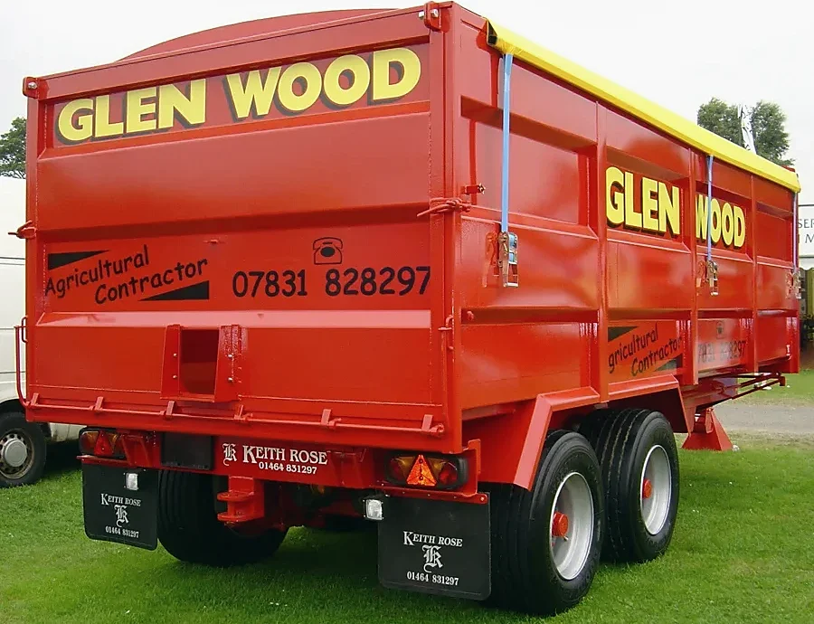 Red twin axle tipping trailer built by Keith Rose Engineering